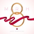 8 March - International women\'s day greeting card. Golden number eight ruby heart and red painting ribbon Royalty Free Stock Photo